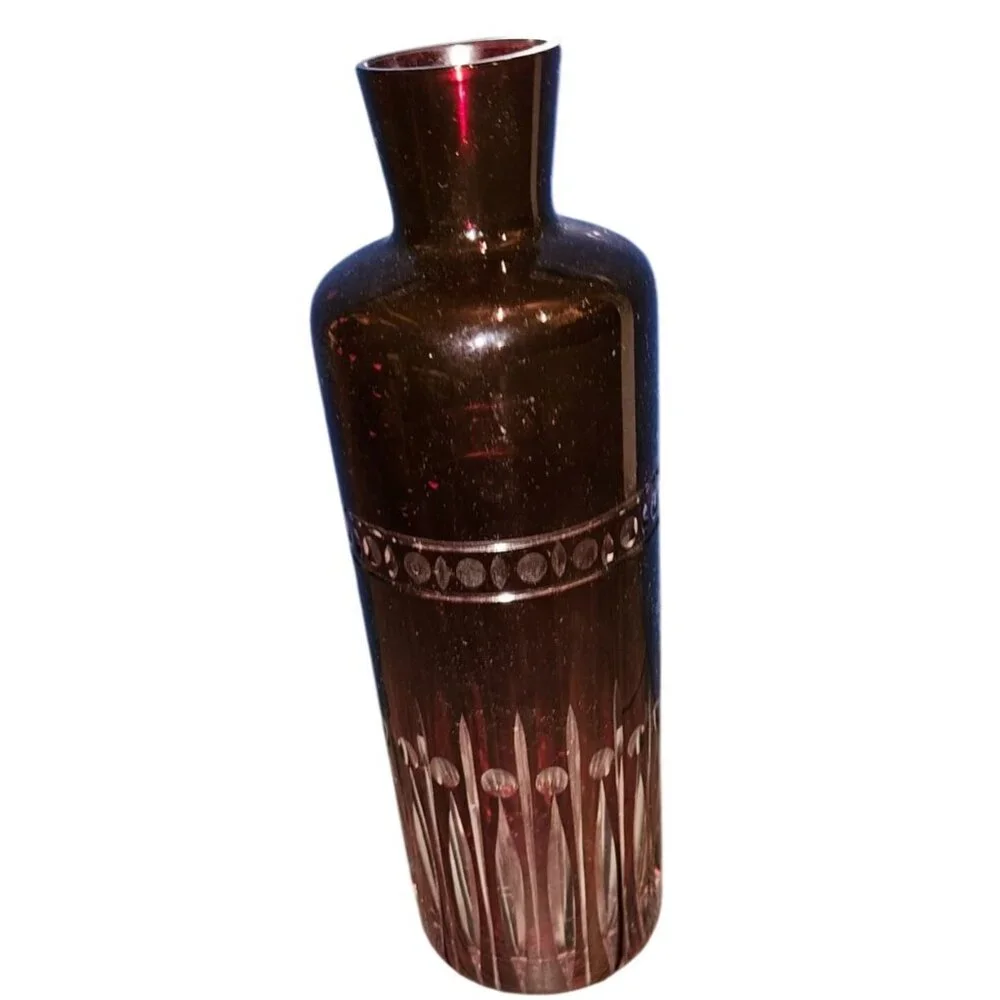 Vintage Cut to Clear Bohemian‎ Vase Ruby Red Glass 10 Inches Tall